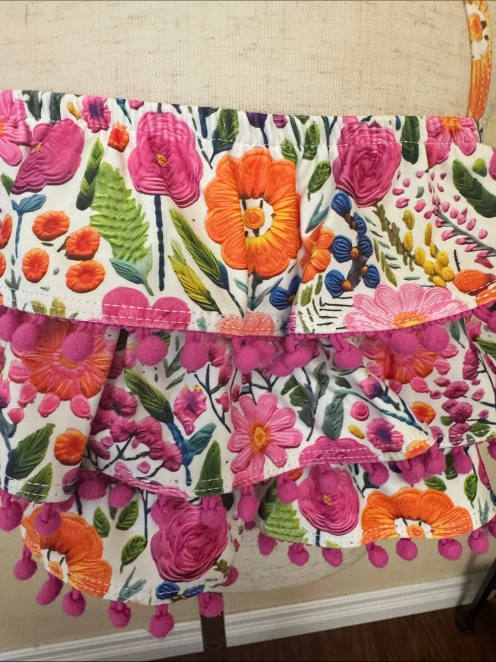 Cheeky Plum Clothing Swim Floral Ruffle Bikini Top with Pink Pom-Pom Trim Size 8